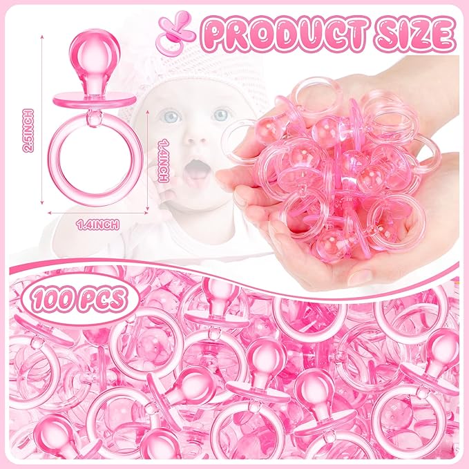 Coume 100 Pcs 2.5 Inch Baby Shower Pacifiers Acrylic Mini Baby Pacifiers Gifts Gender Reveal Party Favors for Gender Neutral Game Birthday Supplies(Pink)