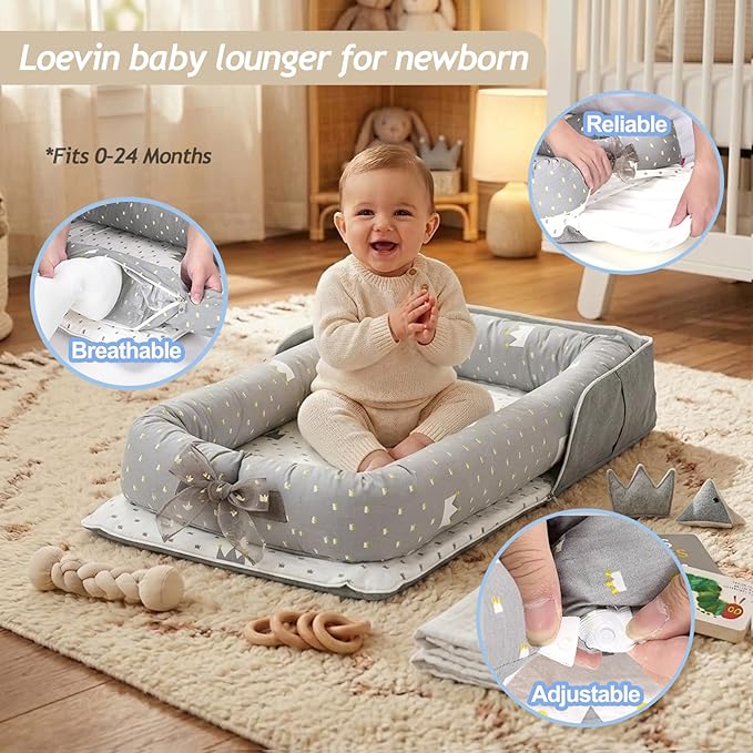 Baby Lounger for Newborn Portable Bag,Baby Lounger Play Mat for Awake-Time,Newborn Babies Essentials Gifts 0-24 Months Home Travel(Crown Grey)