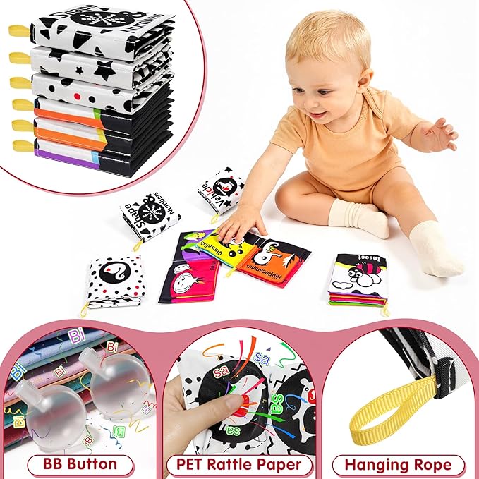 6 PCS High Contrast Black and White Crinkle Cloth Books for Infants 0-3 3-6 Months, Tummy Time Soft Book,Montessori Sensory Toys for Brain Development, Baby Educational Toys Gift for Boys Girls