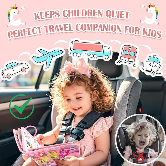 Aurasys Toddler Busy Board Montessori Toys for Girl Birthday Gift,Educational Learning Sensory Busy Book, Airplane Car Travel Activities Toy for Girl(Pink)