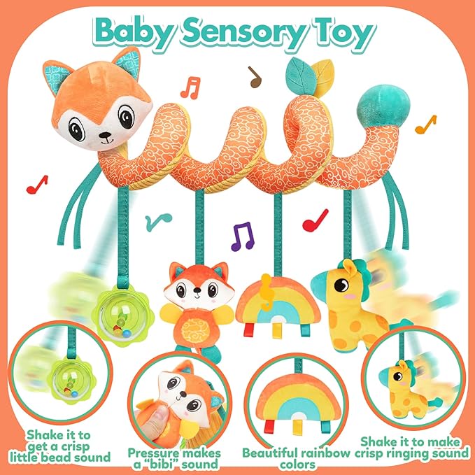GKDOMS Baby Car Seat Toys Activity Stroller Toy for Boys Girls 0 3 6 9 10 12 Months, Spiral Hanging Plush Toys, Baby Shower Thank You Gifts