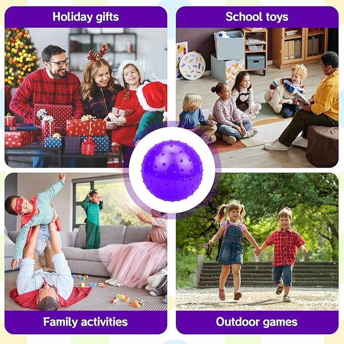 12PCS Bouncy Balls for Kids Toddlers, 7 Inch Sensory Balls Spiky Massage Stress Ball Bulk with Air Pump, Indoor Outdoor Sports Sensory Toys & Party Favors(Purple)