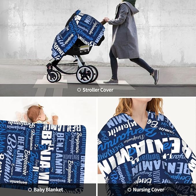 Personalized Baby Car Seat Canopy for Babies, Custom Name Baby Car Seats Covers for Boys Girls, Opening Minky Nursing Breastfeeding Cover for Infant, Carseat Canopies for Newborn (Navy)