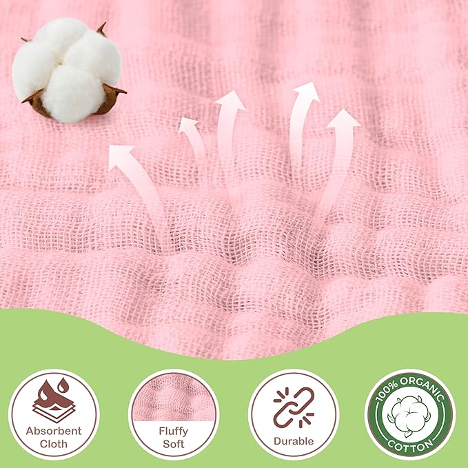 100% Organic Cotton Muslin Baby Hooded Towels - 32x32 Inch, 2 Pack Newborn Bath Towels for Boys & Girls, Soft & Absorbent Bath Set (Light Pink/Light Purple)