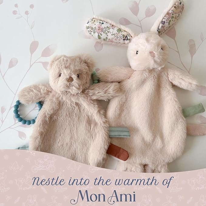 MON AMI Rosie Bunny Security Blanket with Silicone Teether | 12-Inch Plush Lovey for Babies | Soothing Sensory Snuggle Toy | Perfect Newborn Essential for Birthdays & Baby Showers