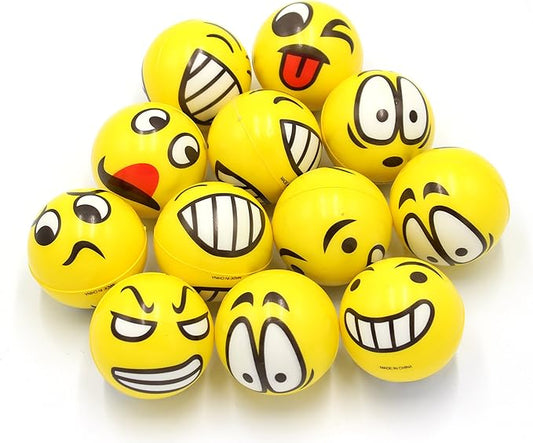 Set of 12 - Fun Face Stress Balls Cute Hand Wrist Stress Reliefs Squeeze Balls for Kids and Adults at School or Office Party Favors (Yellow Color Random Faces) (Classic)