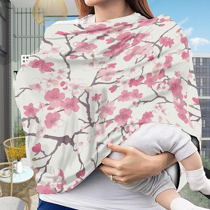 AFPANQZ Pink Peach Flower Baby Car Seat Cover Canopy and Nursing Cover Infant Car Canopy Spring Autumn Winter Snug Warm Breathable Windproof Open Peep Top Universal Fit