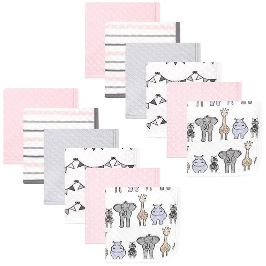 Hudson Baby Unisex Baby Quilted Cotton Washcloths, Pink Safari, One Size