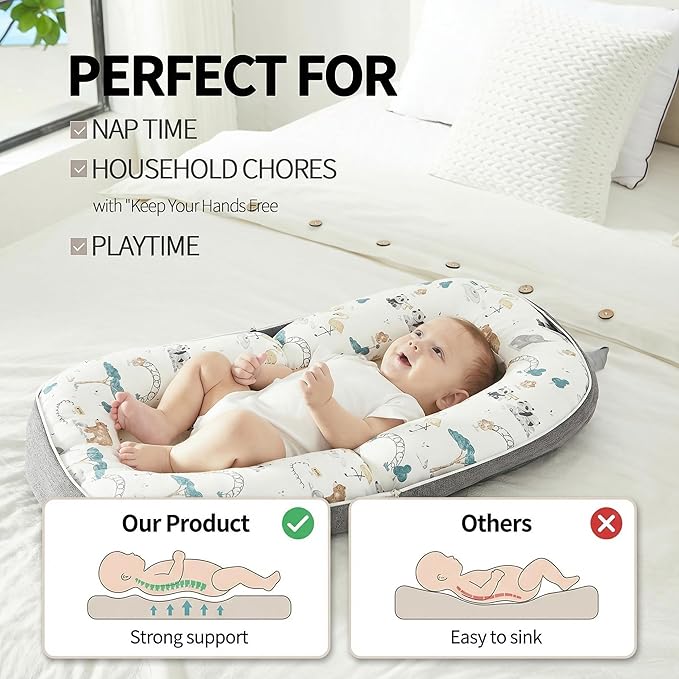 Baby Lounger for Newborn, 0-12 Months, Portable Infant Lounger Pillow with Adjustable Support, Soft Breathable Cover, Folds Into Backpack for Travel, Ideal for Home & Outdoor Use - White