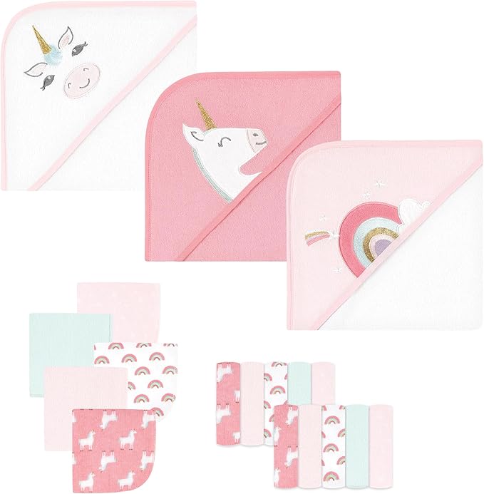 Hudson Baby Unisex Baby Animal Hooded Towel 3pk and 15 Washcloths, Unicorn, One Size