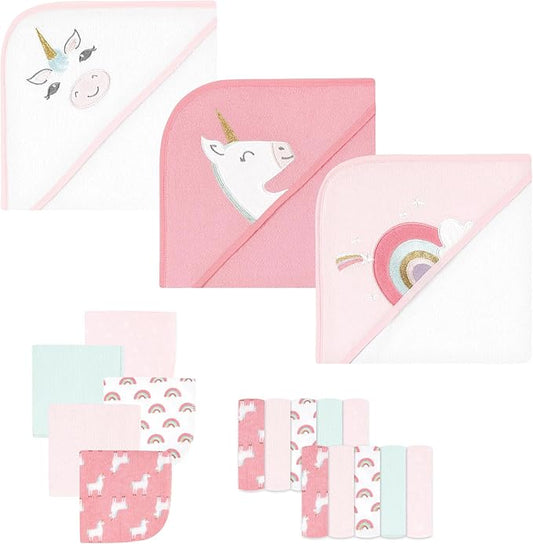Hudson Baby Unisex Baby Animal Hooded Towel 3pk and 15 Washcloths, Unicorn, One Size