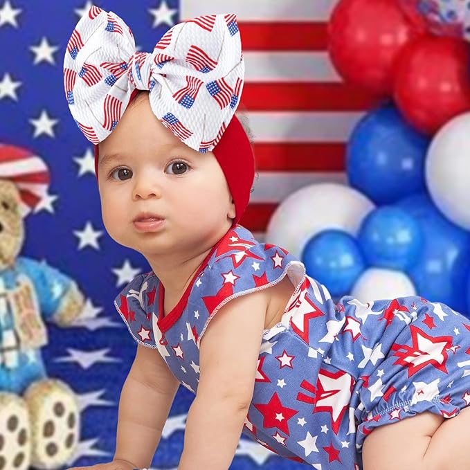 Hairband, 4th of July Baby Headband, American Flag Bow, Patriotic Headband, Red Blue White, Newborn Bows Infant Headband for Baby Girl, Toddler Headbands, 2 Count