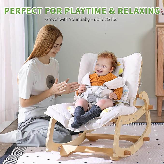 MallBest 3-in-1 Baby Rocker Chair with Double Cushions, for 0-12 Months, Adjustable Wooden Infant Rocker with Removable Cushion and 5-Point Harness for Infant to Toddler (Beige)