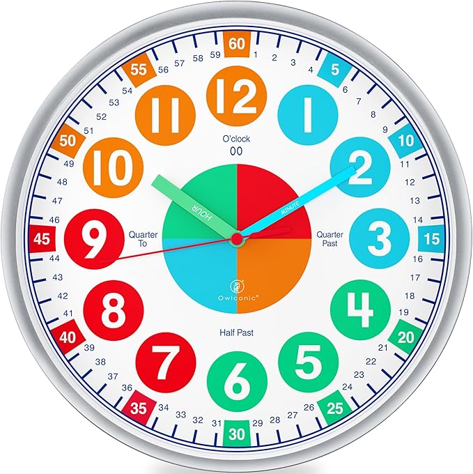 OWLCONIC Clock for Kids – Educational Analog Learning Wall Clock, Non Ticking Teaching Clock for Classroom & Homeschool, Silent Kids Bedroom Décor Bright