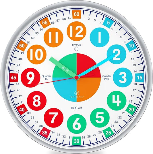 OWLCONIC Clock for Kids – Educational Analog Learning Wall Clock, Non Ticking Teaching Clock for Classroom & Homeschool, Silent Kids Bedroom Décor Bright