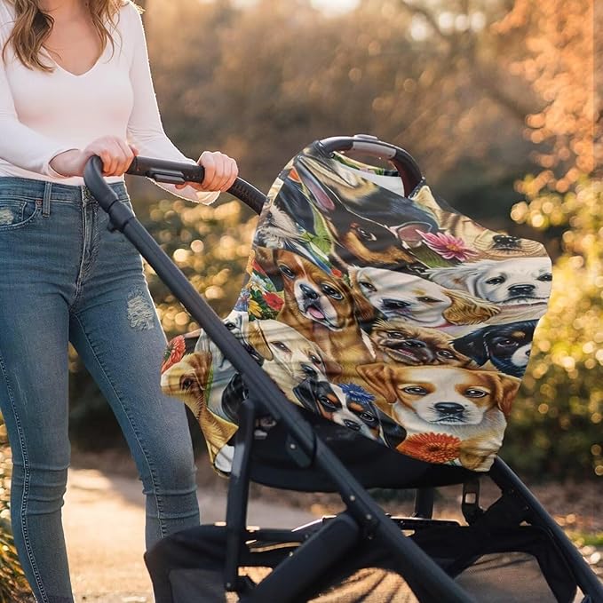 Youngerbaby Dog Baby Car Seat Covers Nursing Cover Breastfeeding Soft Infant Carseat Canopy,Stretchy Breathable Cover for Stroller High Chair Shopping Cart Canopies