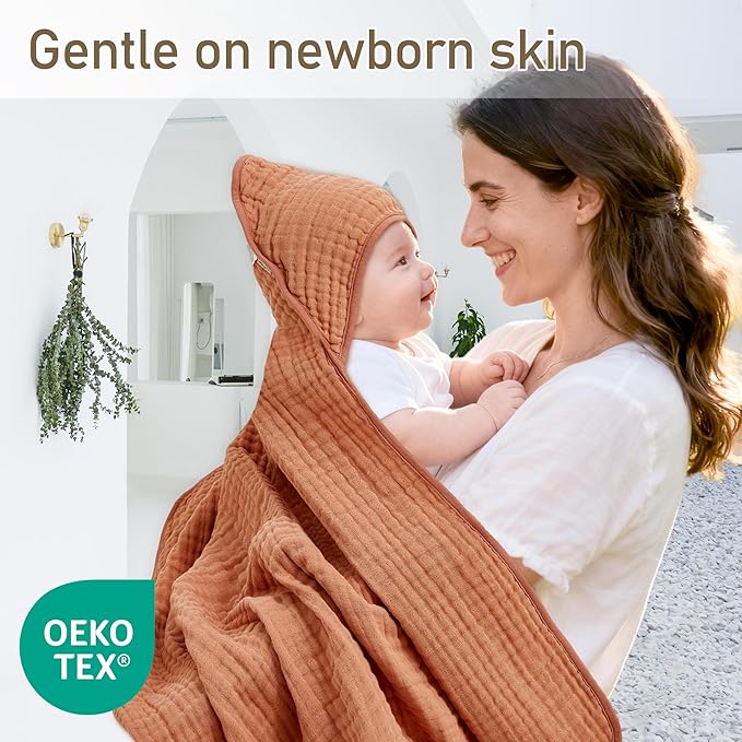 Hooded Baby Bath Towels 2 Pack 32x32 Inch, 100% Cotton Soft & Highly Absorbent, Pink & Linen Neutral Colors, Baby Towel Set with Wash Mitts, Gentle for Newborn, Infant & Toddler