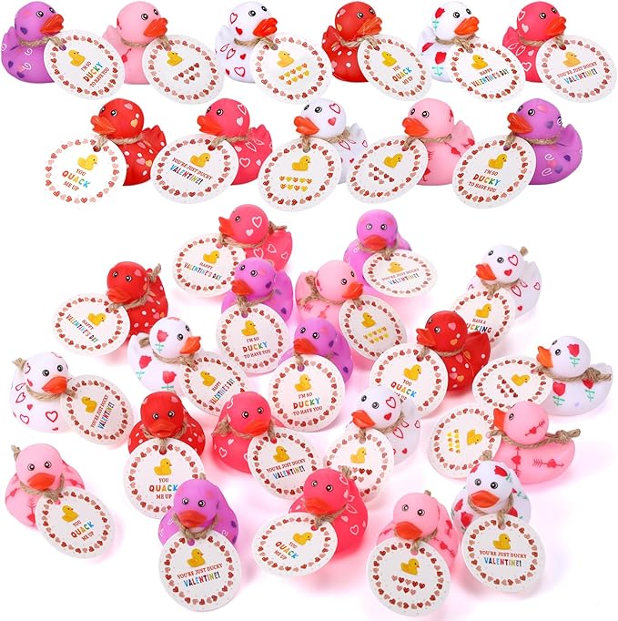 Jerify 12 Pcs 2 Inch Valentines Ducks for Kids Classroom Exchange Gifts Valentine's Day Rubber Ducks with Gifts Cards Mini Heart Rubber Duckies Valentines Party Favors Toys, 6 Styles (Colorful)