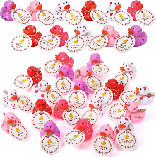 Jerify 12 Pcs 2 Inch Valentines Ducks for Kids Classroom Exchange Gifts Valentine's Day Rubber Ducks with Gifts Cards Mini Heart Rubber Duckies Valentines Party Favors Toys, 6 Styles (Colorful)