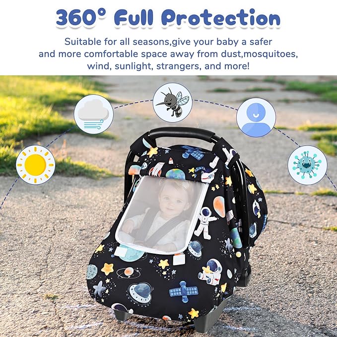 Baby Car Seat Cover, Windproof Carseat Cover for Infant Girls, Infant Warm Carseat Canopy with Double Layer Fabric for Winter, Compatible with Most Baby Car Seat, Black Space