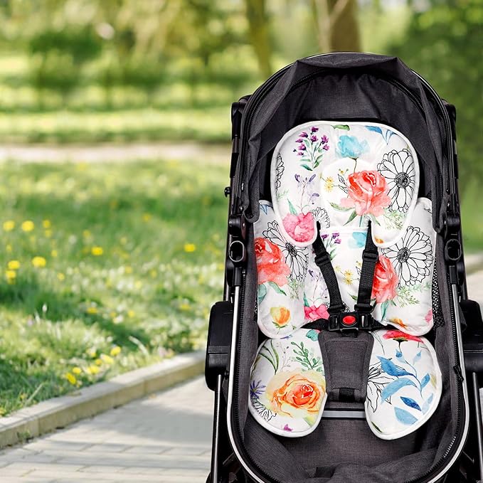 Infant Car Seat Insert, 2 in 1 Baby Head and Body Support for Car Seat, Soft Plush Newborn Carseat Cushion for Stroller Bouncer, White Floral