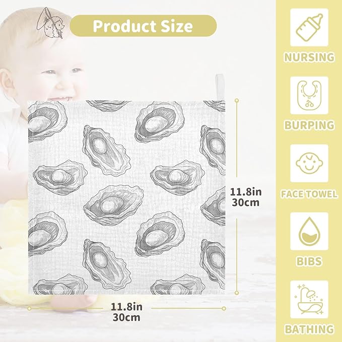 vvfelixl Baby Muslin Washcloths Hand-Drawn Pearl Oyster Baby Burp Cloths Cotton Babys Face Towel for Infants Soft 11.8 X 11.8 in, 3 Pack