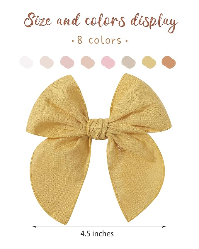 doboi 8PCS Baby Girls Hair Clips Fable Hair Bows Cotton Linen Bows for Girls Hair Accessories for Baby Girl Toddlers Kids-Yellow