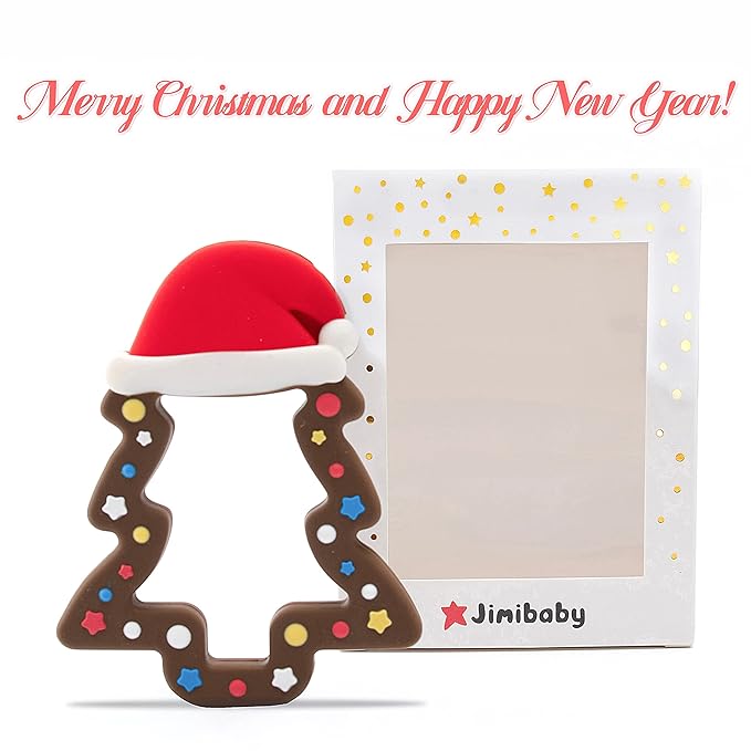 Jimibaby Silicone Teether - First Christmas Teething Toy for Baby Boys & Girls, Ideal Stocking Stuffer, Comes with Gift Package (Christmas Hat & Chocolate)