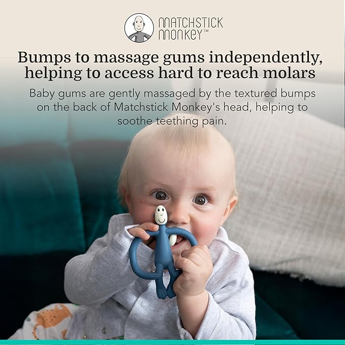 Matchstick Monkey Original Teether & Gel Applicator – Silicone Baby Teether, Easy-to-Grip, BPA-Free, Supports Self-Soothing & Early Brushing, 3 Months+, 4 Inches, Airforce Blue