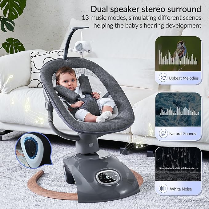 VaVaSoo Electric Baby Swing for Infants Mamroo with Remote Control, Rocker with 6 motions, 5 Speeds, 13 Music Include White Noise, 5 Point Harness, 3 Seat Positions for Newborn Boy Girl Max 20 Lbs