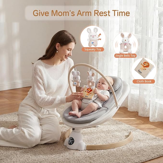 Baby Swing for Infants, Portable Electric Baby Swings with Bluetooth, 5 Swing Speed, 10 Lullabies, 5-Point Harness, Remote Control & Touch Panel - Infant Swing for Indoor & Outdoor Use, Wood Grain