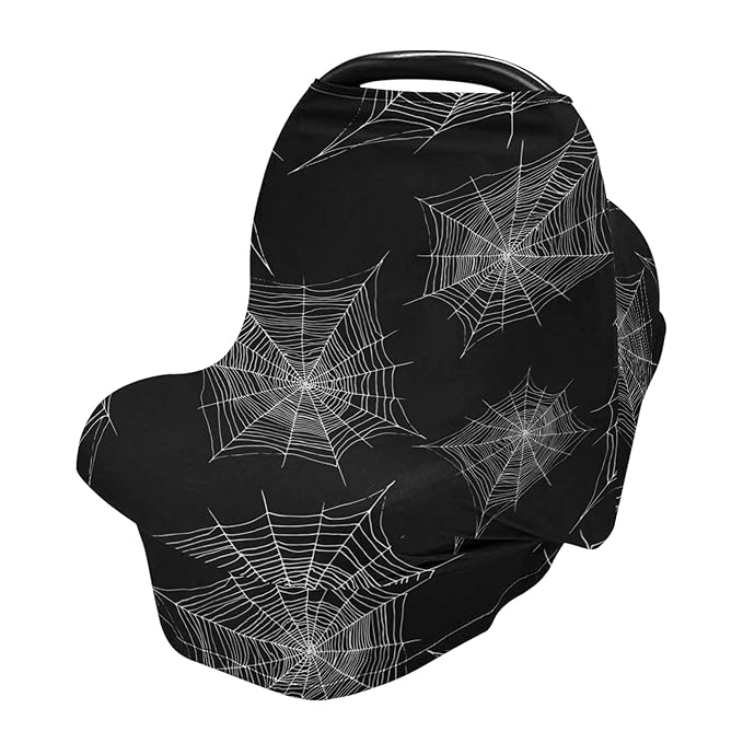 Halloween Cobweb Pattern Spider Web Black and White Design Stretchy Baby Car Seat Cover Infant Canopy Nursing Covers Breastfeeding Cover Breathable Windproof Winter Scarf for Boys Girls