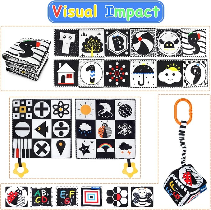 KUANGO 3 PCS Black and White High Contrast Baby Toys Newborn Toys 0-6 Months, Visual Stimulation Sensory Soft Book, Infant Tummy Time Toys 0-3-6 Months Baby Gifts
