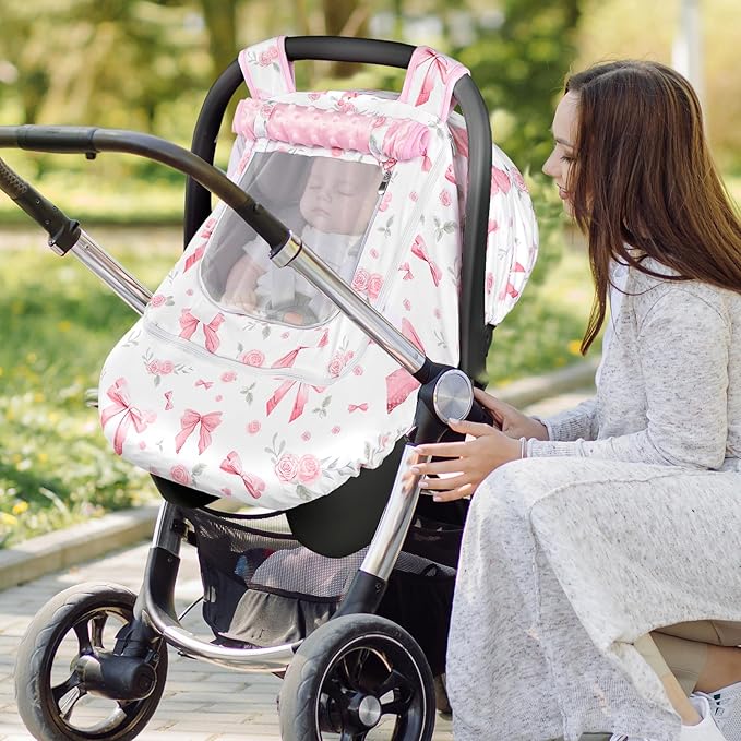 Car Seat Cover Baby Girls Winter, Dual Zipper Infant Carseat Covers with Breathable Mesh, Universal & Warm Protection Canopy Snug Fit Baby Carseats & Strollers, Pink Rose