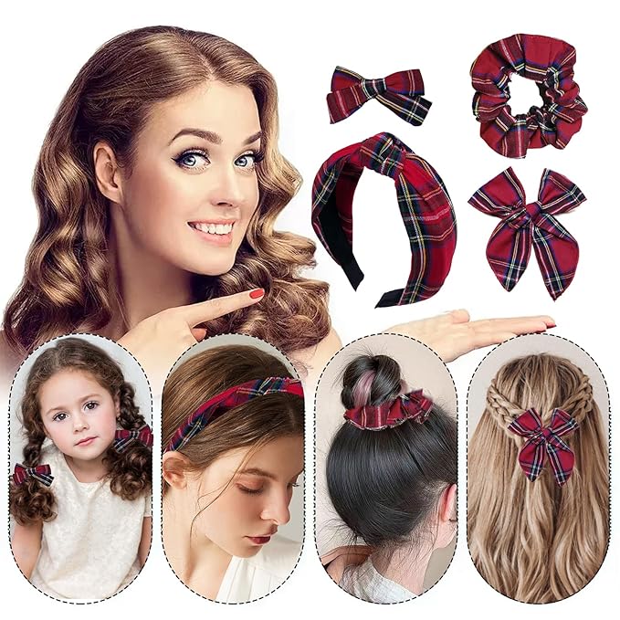 5 Pcs Plaid Headband With Hair Knotted Scrunchies Bow, Padded Holiday Headband, Hair Clips Accessories for Women and Girls (Dark Red)