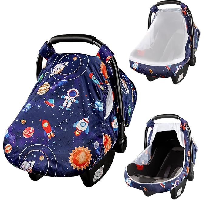 SWESEN Car Seat Covers for Babies, Carseat Cover Boy with Zipper, Cozy Sun & Summer Cover, Infant Car Seat Canopy, Carseat Privacy Cover with 2 Layers, Space Planet