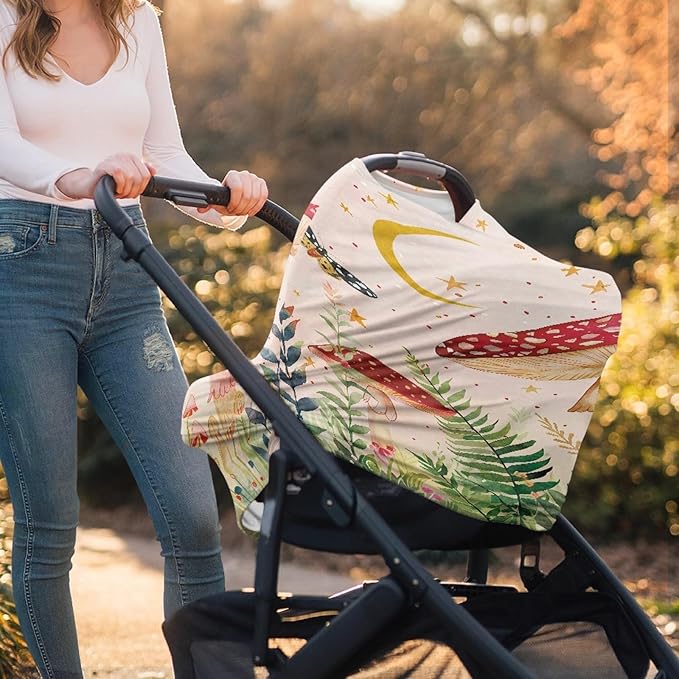 Wanyint Mushroom Print Baby Car Seat Cover Canopy and Nursing Cover Multi-Use Stretchy Breastfeeding Scarf Nursing Covers Carseat Canopy for Boys Girls