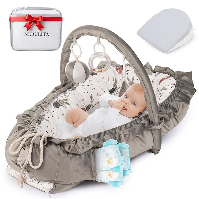 Newborn Lounger Bunny Gray - Flexible & Portable w/Infant Support Cushion, Soft & Breathable 100% Cotton - Multi-Use Supervised Baby Lounger for Floor, Travel, Changing Mat Alternative - Premium