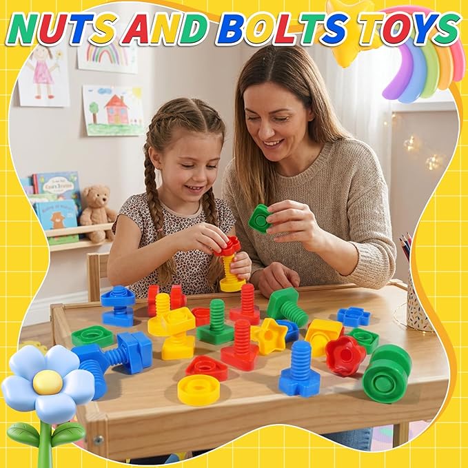 Bbiamsleep 40 Pcs Plastic Nuts and Bolts for Kids Fine Motor Skills Nuts and Bolts Toys Shapes Color Matching Toys for Sorting Counting Training Preschoolers(Random)