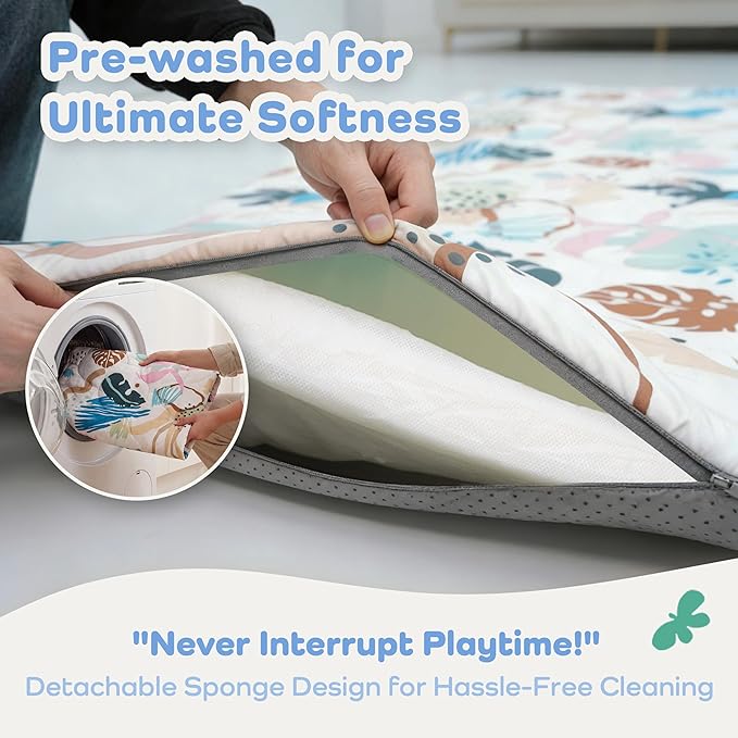 1.5" Thicker Baby Play Mat for Floor, 59x71 Removable & Machine Washable Cover Playpen Mat Softness Foam Mats, Easy-Clean Hygienic, Comfort Safety Kids Crawling (Tummy Time Leaves)