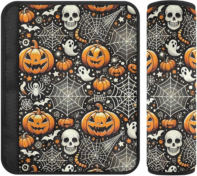 CHIFIGNO 2Pcs Halloween Pumpkins Skulls Seat Belt Cover Pad Universal Seatbelt Pad Car Seat Shoulder Pads for Girls Boys Adults