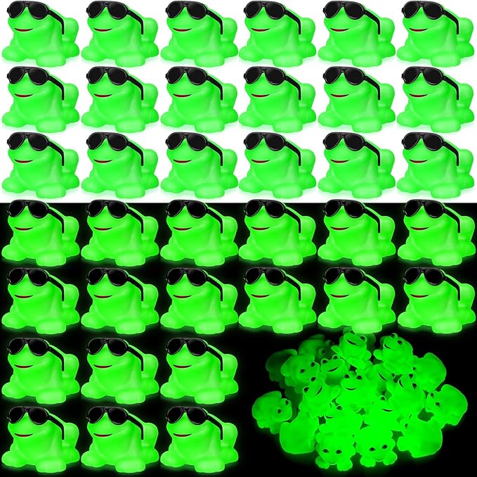 Halloscume 24 Pack Rubber Frogs Squeak and Floating Mini Glow in The Dark Frogs with Glasses Cute Swimming Bathtub Toy for Spring Party Favor