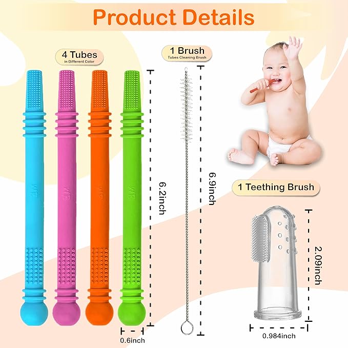Baby Teether Tubes - Pack of 4 Hollow Teething Sticks with 1 Cleaning Brush & Toothbrush - 100% Food Grade Silicone, BPA Free, and Dishwasher Safe - 4 Vibrant Colors for 6-18 Months Babies