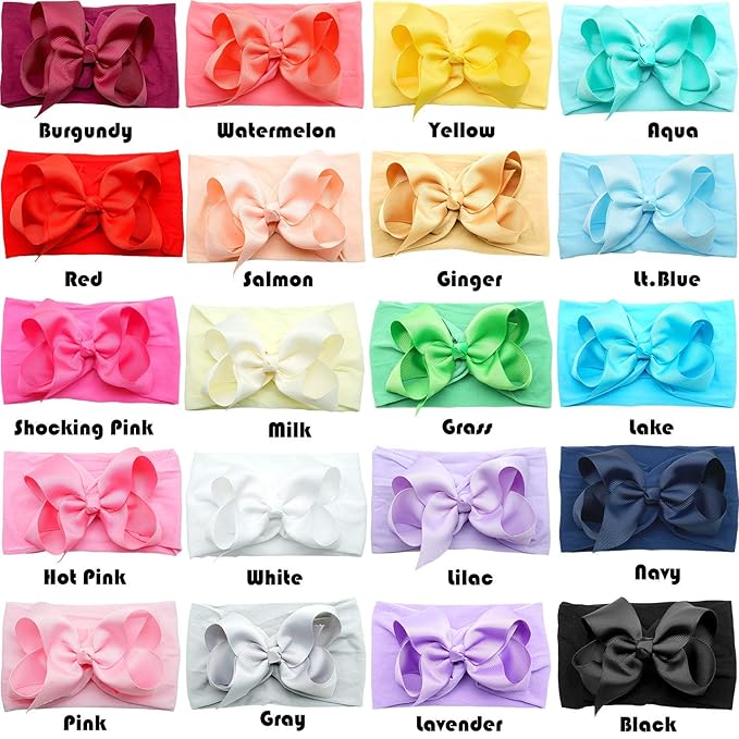 Yxiang 20PCS Baby Girl Bows Headbands, 4" Infant Bows Headbands Super Elastics Nylon Hairbands Cute Handmade Ribbon Bows for Babies Newborn Toddler (20 Colors)