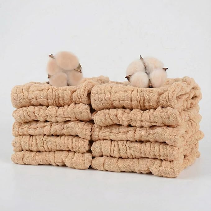 10 Pcs Baby Muslin Washcloths 100% Natural Cotton Unbleached, Extra Soft Baby Wipes Organic Burp Cloths Blank Bibs for Newborns Infants Sensitive Skin, Shower Gift Set 12"x12"