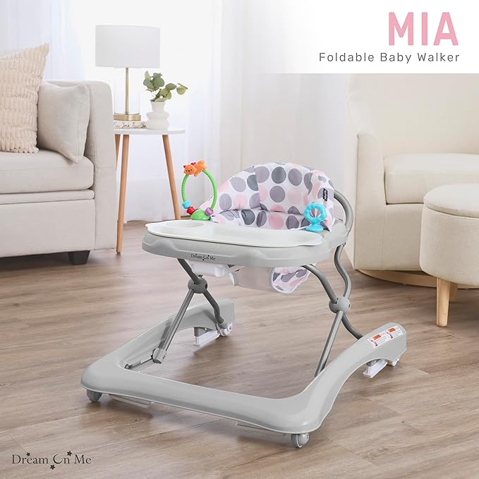 Dream On Me Mia Foldable Baby Walker in Grey, Foldable Walker with Adjustable Heights, Removable, Machine Washable High-Back Padded Seat, Suitable for 6-12 Months