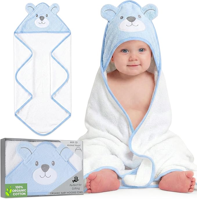 Mother's Choice 100% Organic Cotton Hooded Toddler Towels – Large Cotton, Ultra-Soft & Absorbent Baby Towels for Newborns, Infants, Toddlers, Boys & Girls with Animal Hood (Blue Bear)
