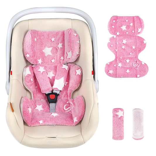 Infant Car Seat Insert Girls, Soft Flannel Baby Head Support & 2 Strap Pads, Preemie Newborn Carseat Cushion Reversible & All Season, for Stroller, Baby Swing, Rocker, Bassinets, Bouncer (Pink Star)