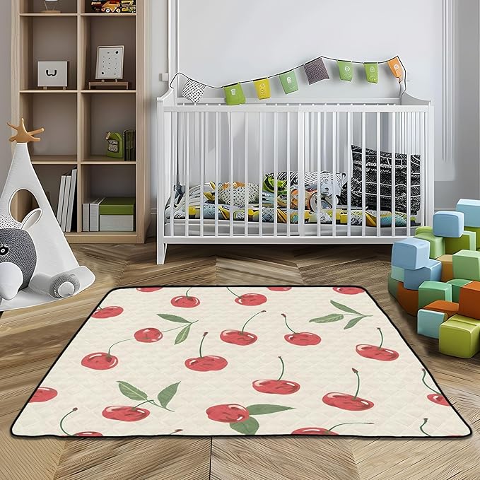 Cherry Painting Baby Play Mat for Floor, 50x50 inch Playpen Mat,Thicken Soft Non-Slip Tummy Time Mat for Toddlers and Infants