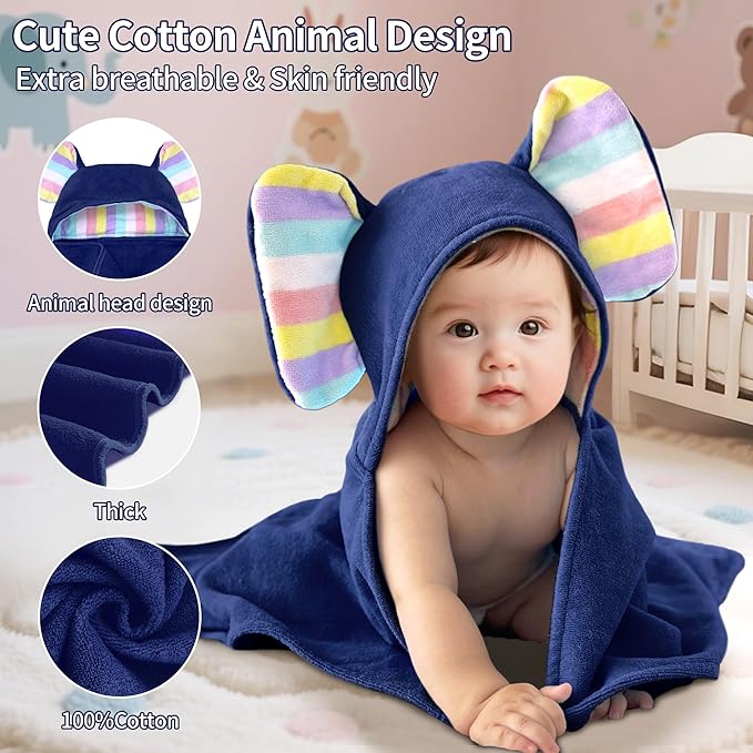 VOOVA & MOVAS Navy Baby Bath Towel with Cute Elephant Ears Hood – Super Absorbent, 100% Cotton, 420GSM – 33" x 31.5", Pink – Thick Towel for 0–18 Months – Newborn, Toddler, Infant, Baby Essentials